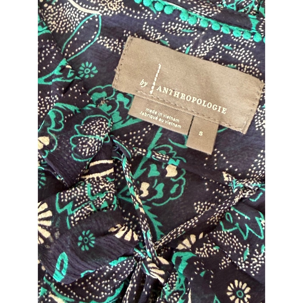 Anthropologie Navy Teal Floral Paisley Lace Up Ruffle Peasant Blouse Small - Picture 4 of 9